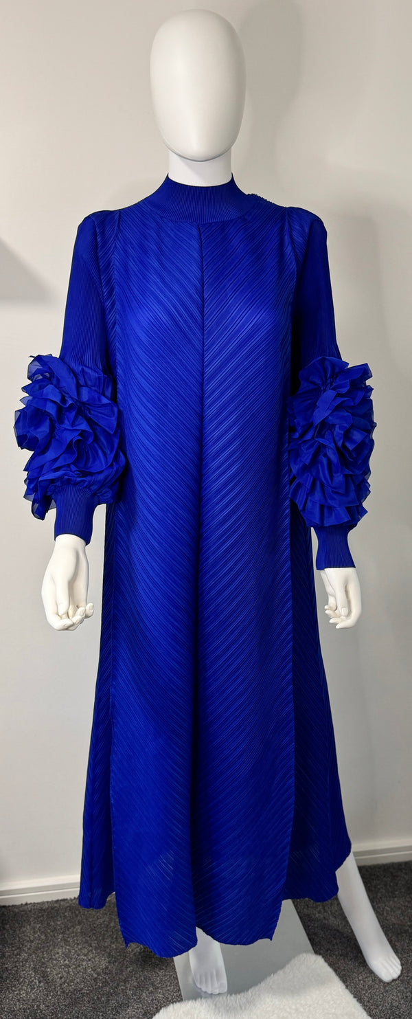 Royal blue flower sleeves pleated dress