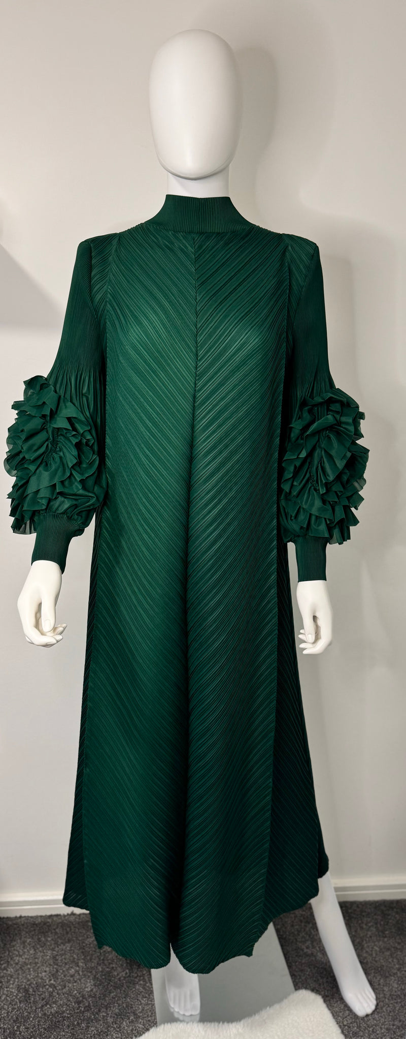 Emerald Green flower sleeves pleated dress