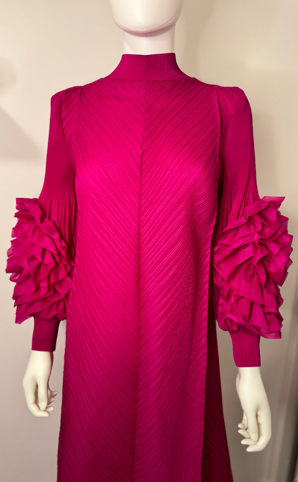 Hot pink flower sleeves pleated dress