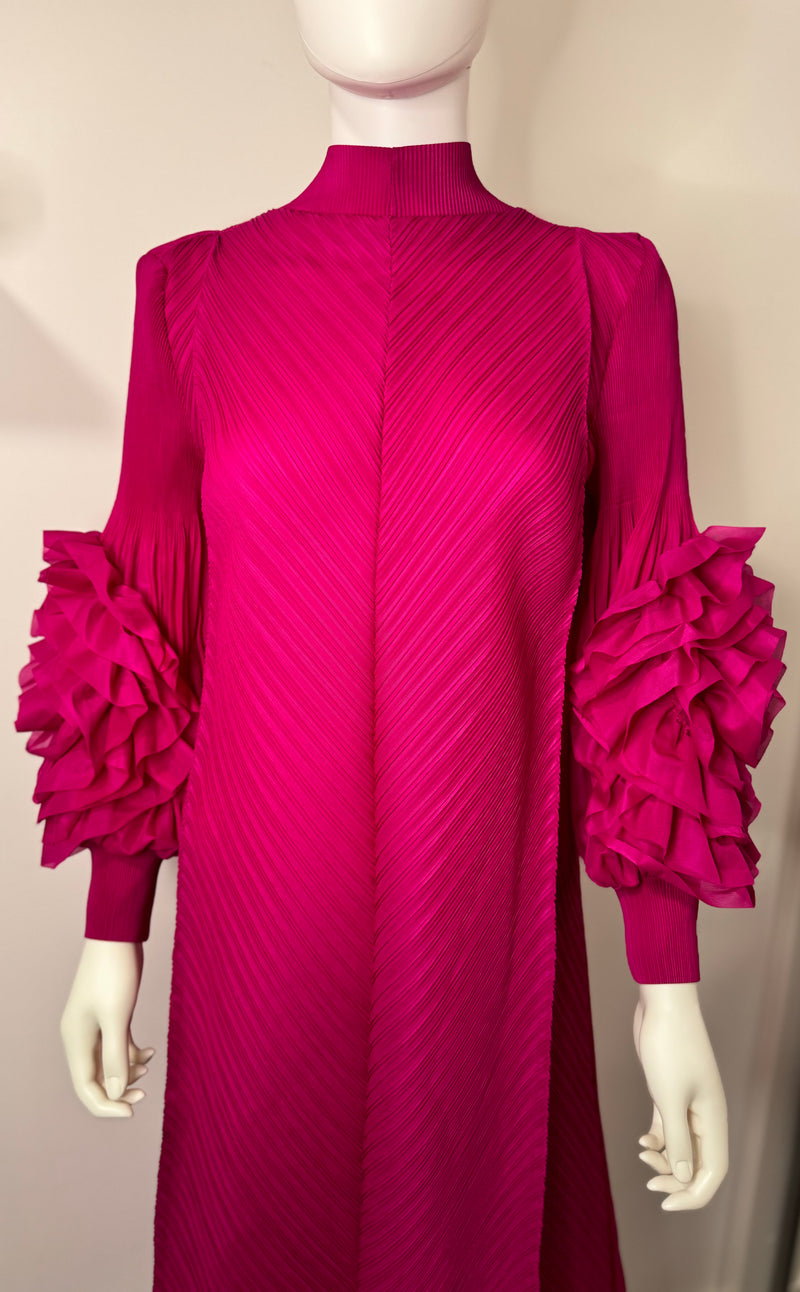 Hot pink flower sleeves pleated dress